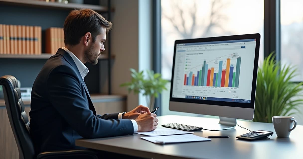 Advogado em escritório moderno analisando documentos financeiros e gráficos na tela do computador