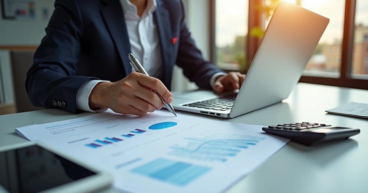 Consultor de finanças pessoais em escritório moderno analisando planilhas financeiras com laptop aberto e documentos ao redor