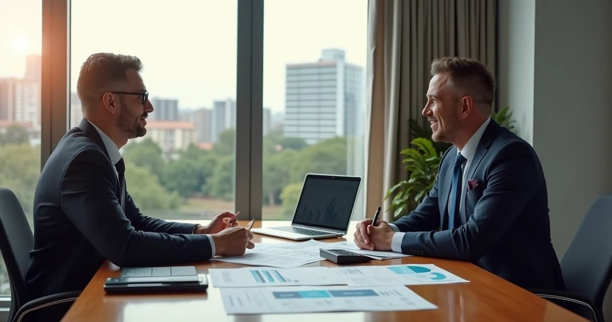 Consultor financeiro em reunião com cliente em escritório moderno, com gráficos e calculadora na mesa