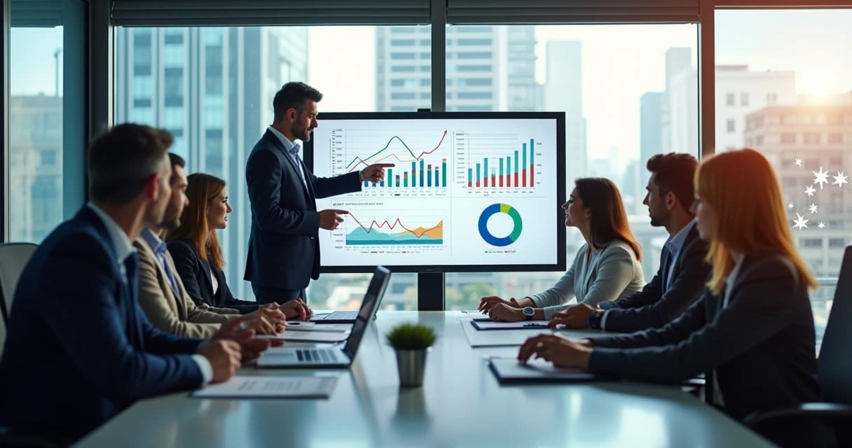 Consultor financeiro empresarial analisando gráficos e dados financeiros em reunião com empresários