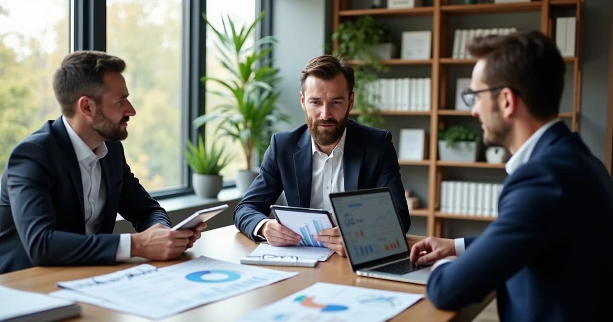 Consultor financeiro empresarial em reunião com empresários, mostrando gráficos financeiros em tablet e laptop em sala moderna