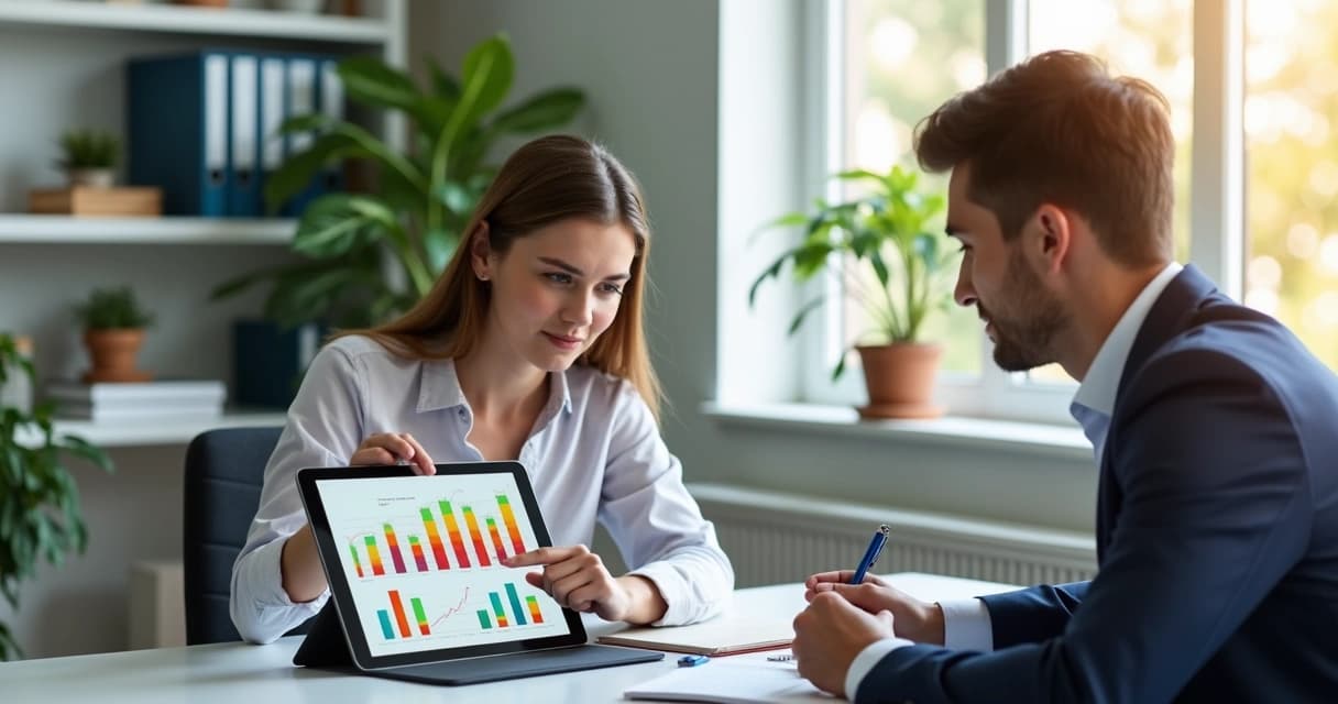 Consultor financeiro explicando planejamento financeiro para cliente em ambiente profissional