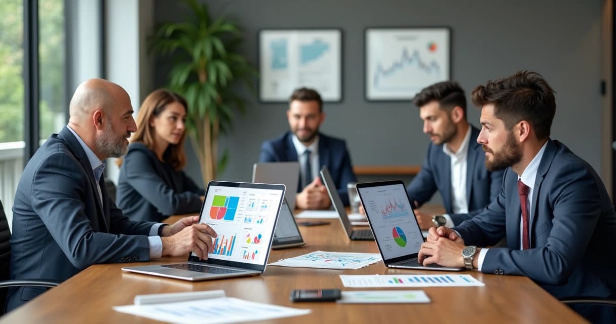 Reunião profissional em escritório moderno com consultores financeiros analisando gráficos e dados no laptop e documentos
