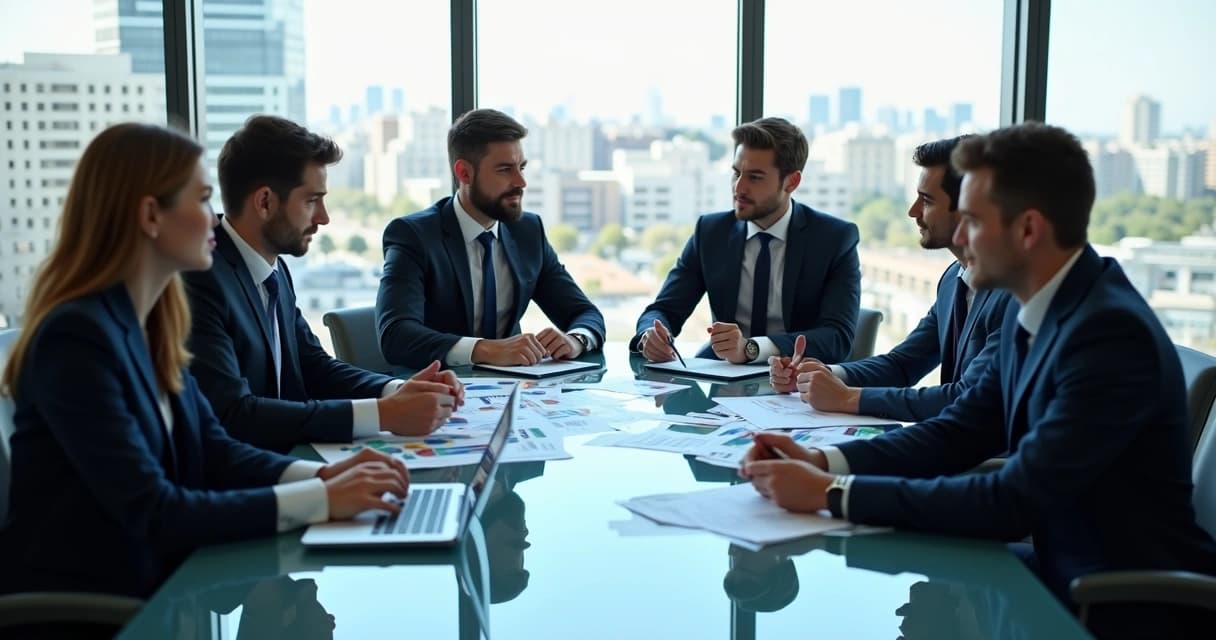 Equipe de consultoria financeira trabalhando com empresários em escritório moderno