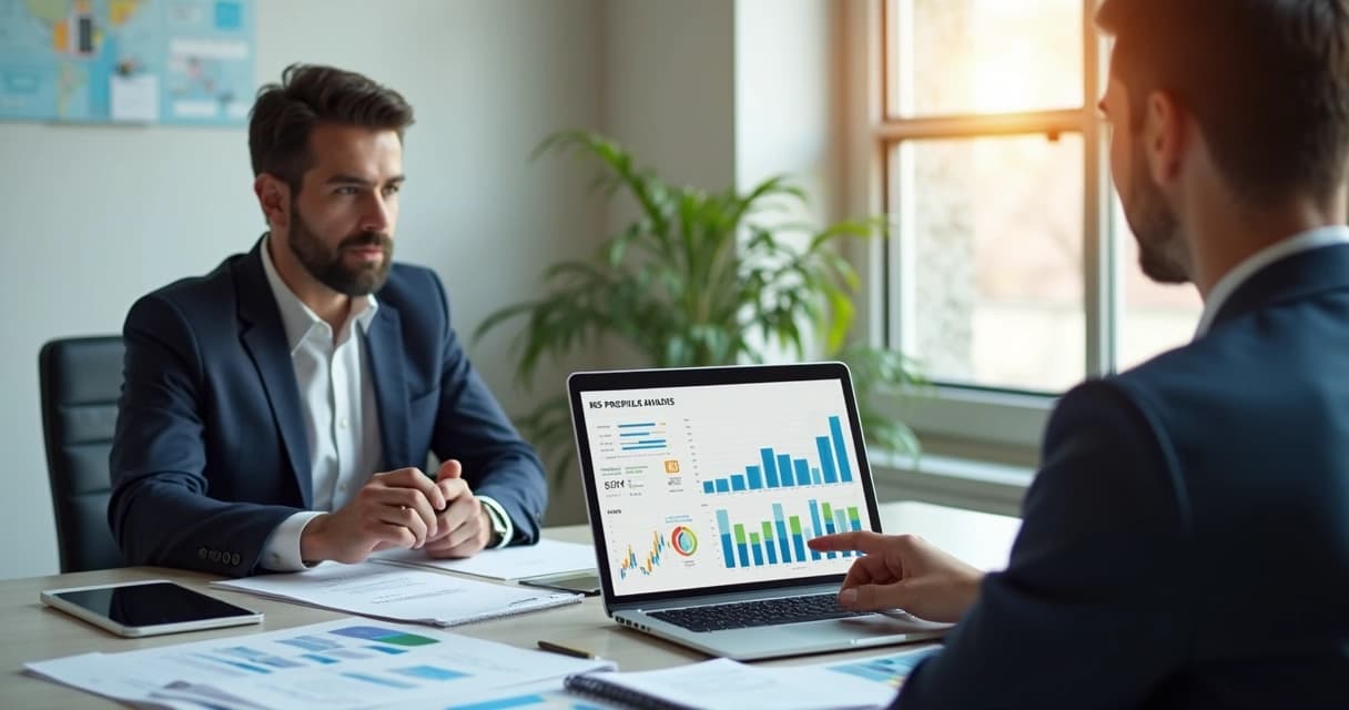 Consultor financeiro analisando perfil de risco de cliente com gráficos e planilhas na mesa