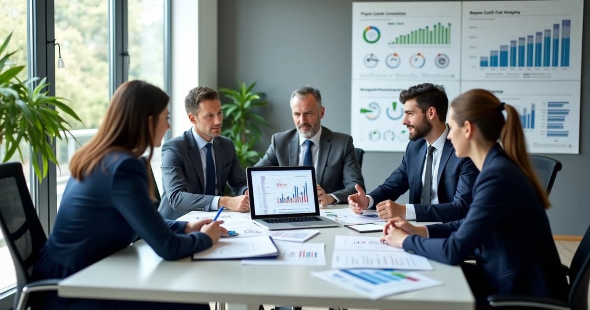 Reunião de consultor financeiro com empresários analisando gráficos e planilhas em escritório moderno