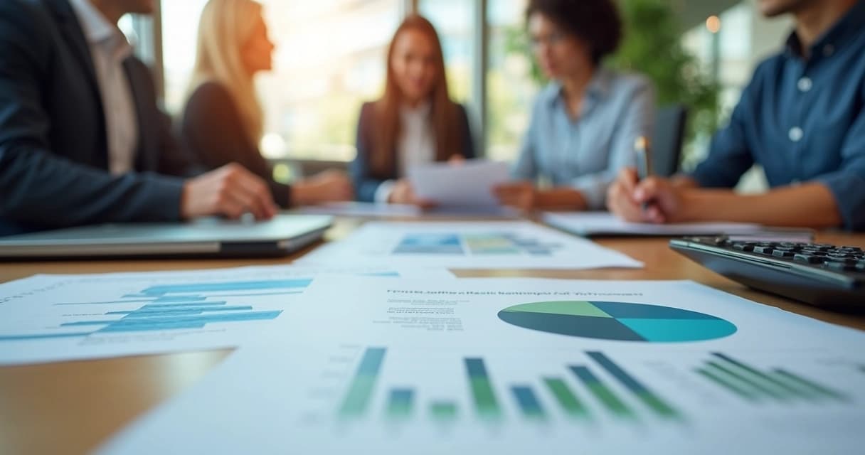 Mesa de reunião com papéis, calculadora, laptop e gráficos financeiros focados em pequenas empresas