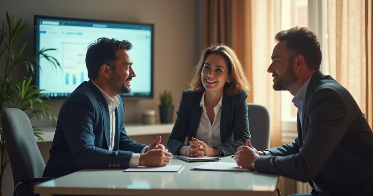 Consultor financeiro ajudando uma família a planejar metas financeiras em ambiente moderno e acolhedor
