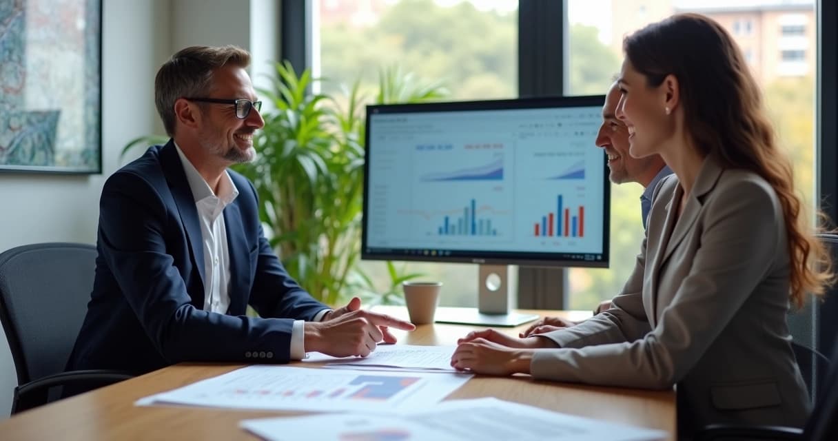 Consultor financeiro atendendo casal em escritório moderno com gráficos e documentos na mesa