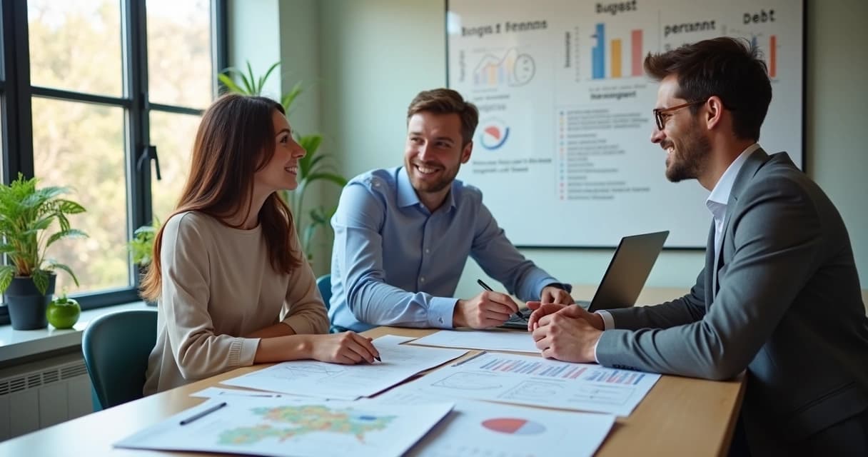 Profissional de consultoria financeira apresentando plano personalizado para casal em reunião em escritório moderno