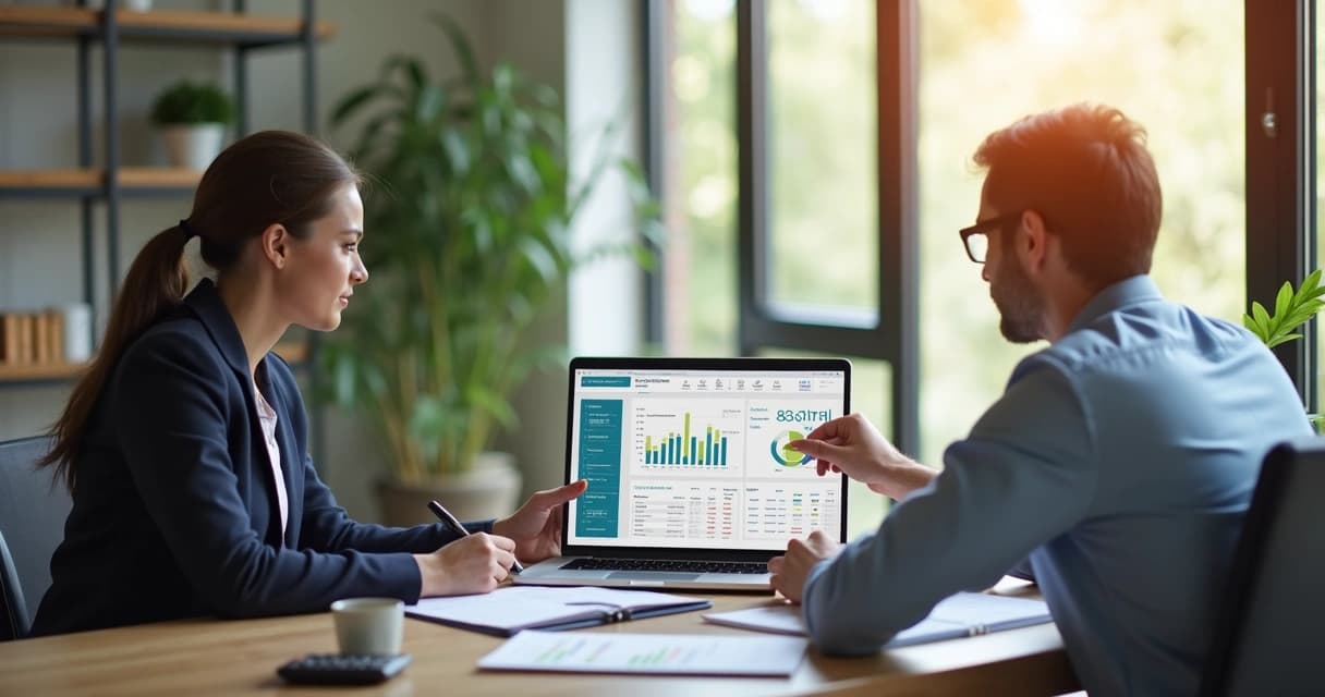 Consultor financeiro explicando planilhas e gráficos para cliente em ambiente moderno e iluminado