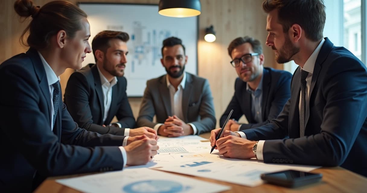 Consultores financeiros em reunião com cliente mostrando gráficos e planejamento financeiro em sala moderna