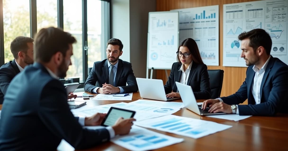 Reunião empresarial com consultores financeiros analisando gráficos e documentos em sala moderna