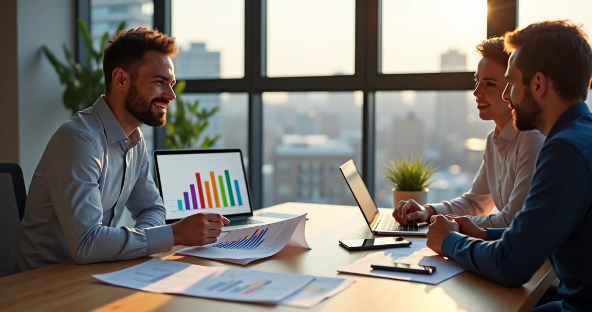 Reunião empresarial com consultor financeiro analisando gráficos e dados em laptop