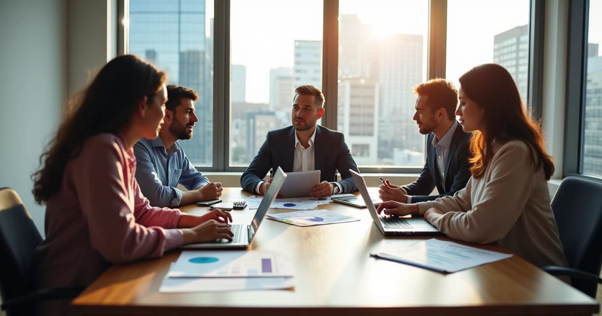 Reunião personalizada de consultoria financeira com pessoas analisando gráficos e documentos financeiros em ambiente moderno e iluminado