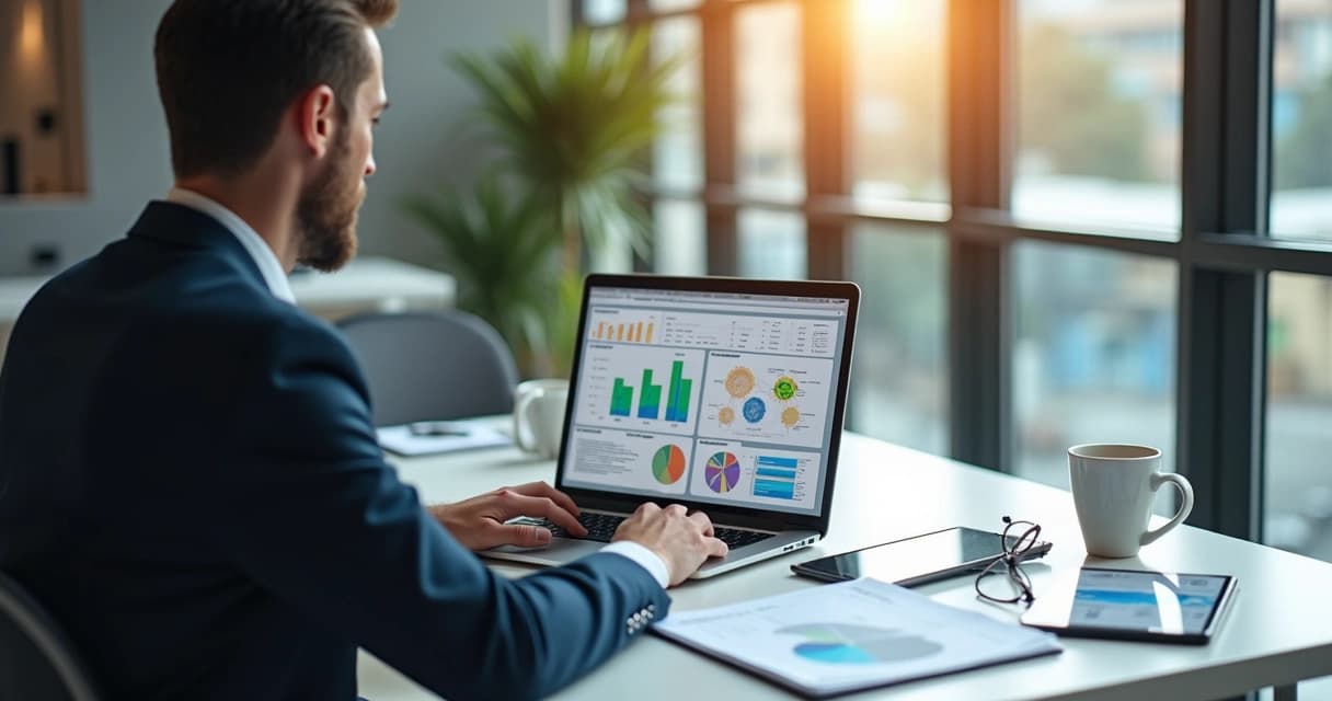 Consultor analisando relatórios financeiros em laptop moderno com gráficos e planilhas em escritório corporativo