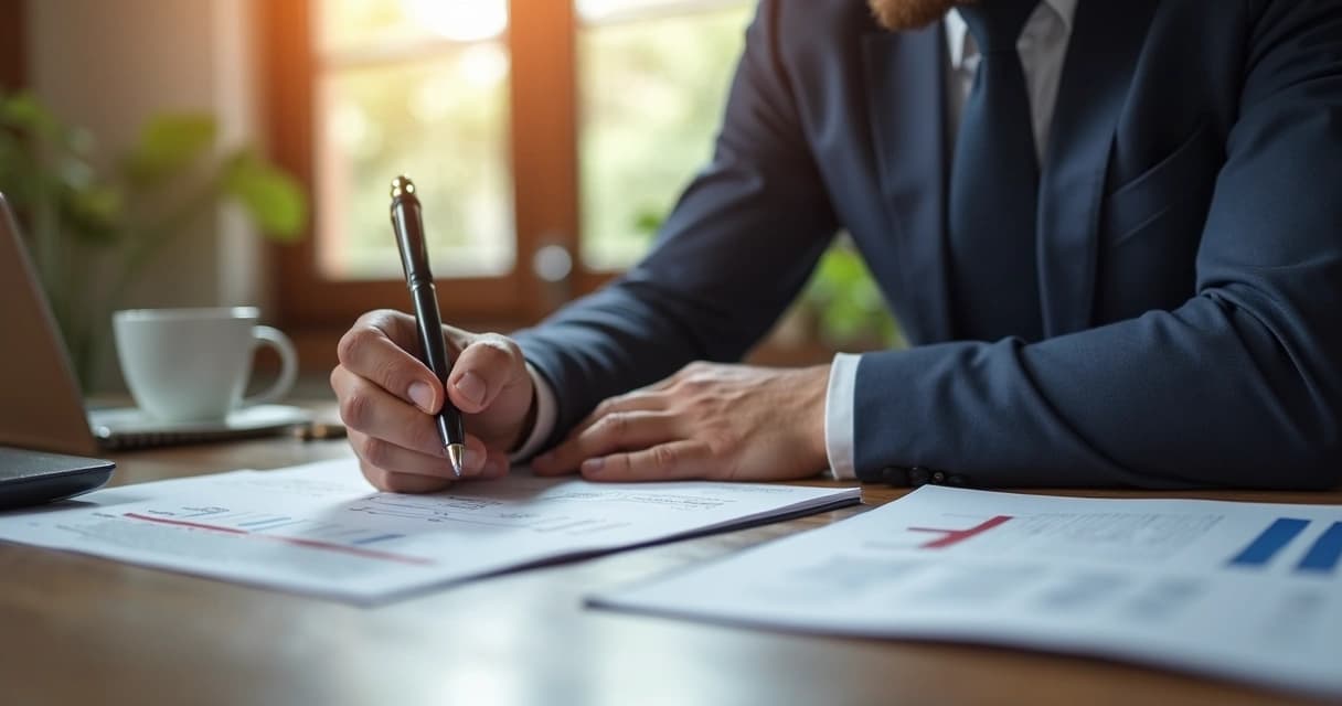 Empreendedor comparando curso online de finanças e planejador financeiro impresso em mesa de escritório organizada