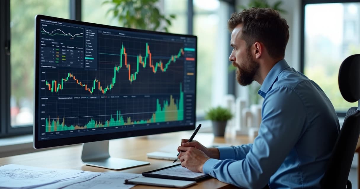Engenheiro analisando gráficos financeiros em tela de computador moderno