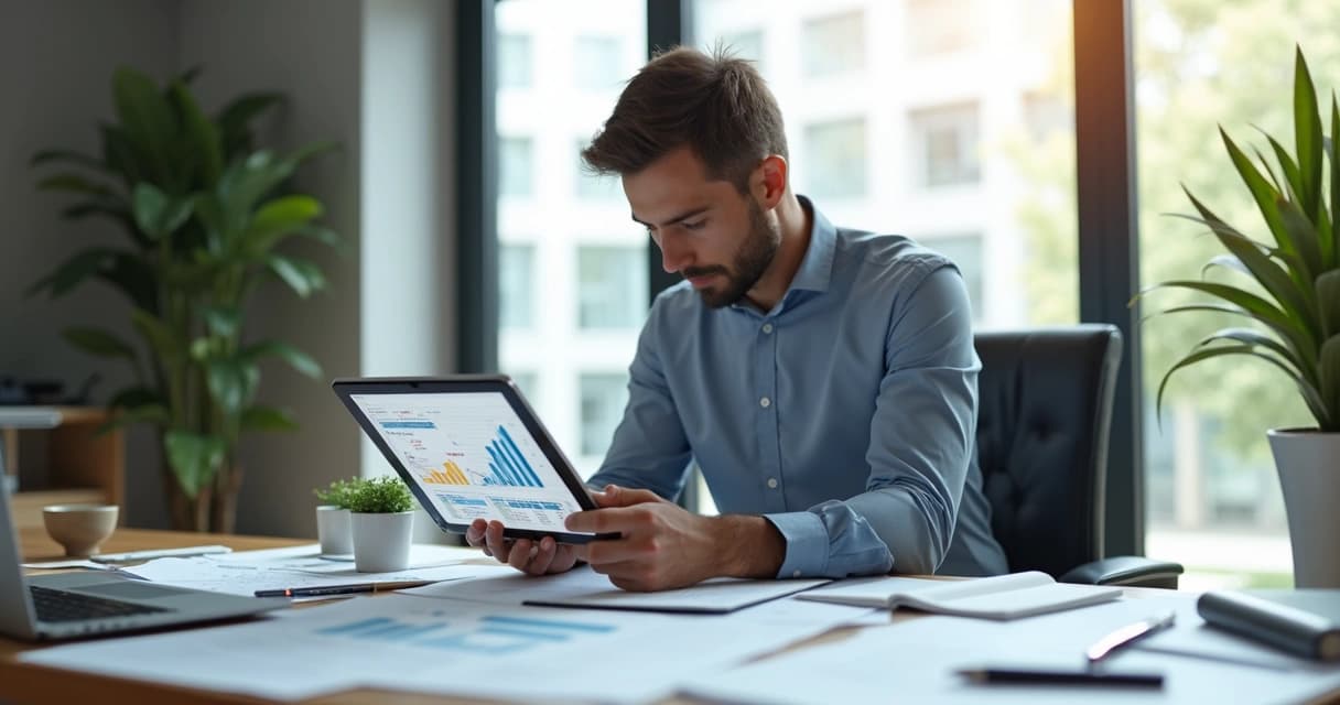Engenheiro analisando orçamento financeiro em tablet com planilha e gráficos na tela, sentado em mesa de escritório moderno