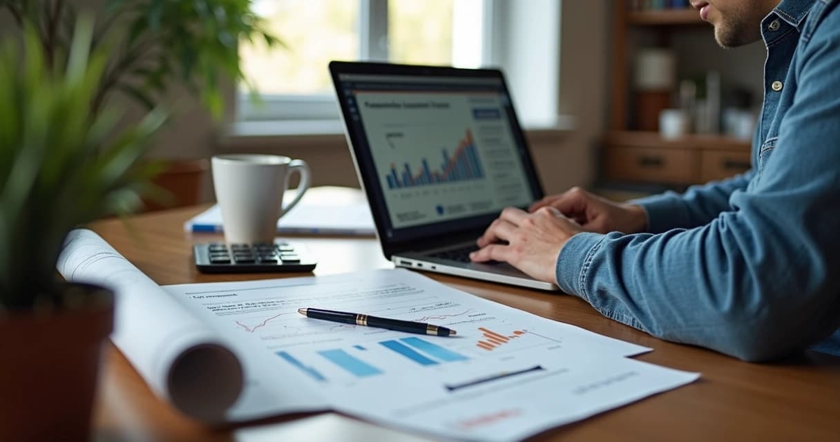 Engenheiro estudando investimetos em casa com laptop e livros financeiros na mesa