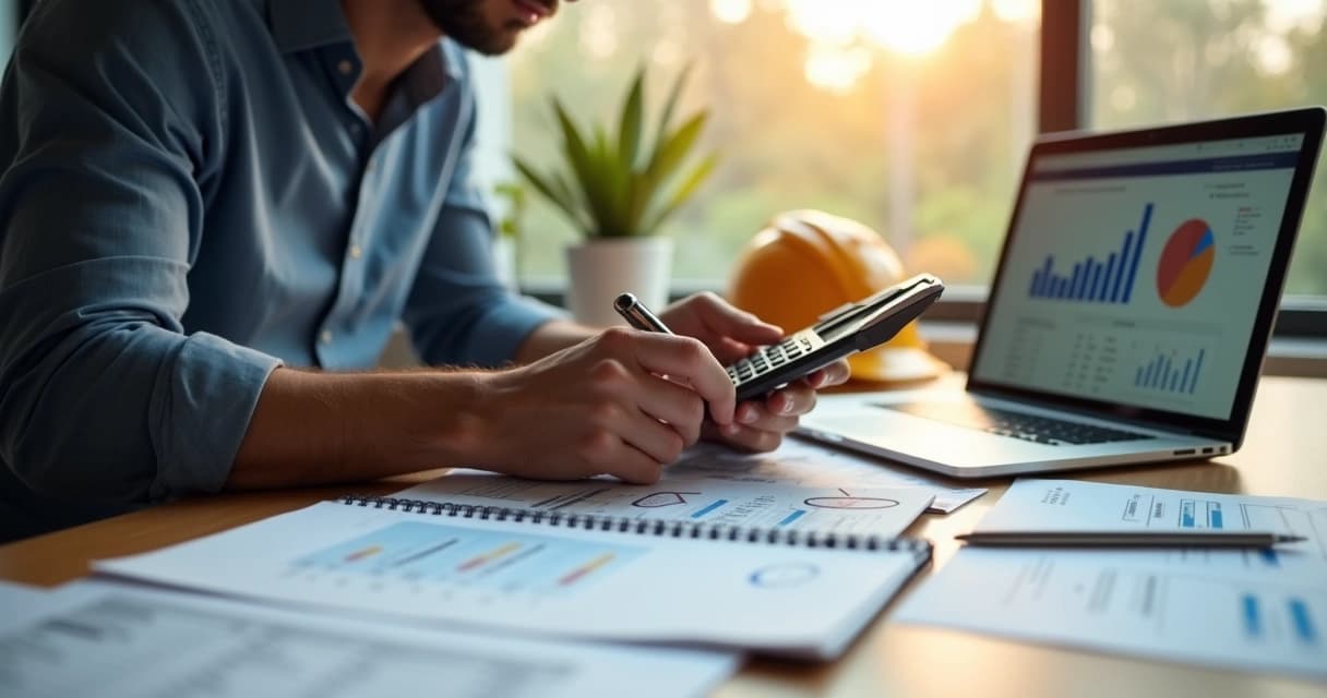 Engenheiro usando calculadora e notebook para organizar orçamento financeiro