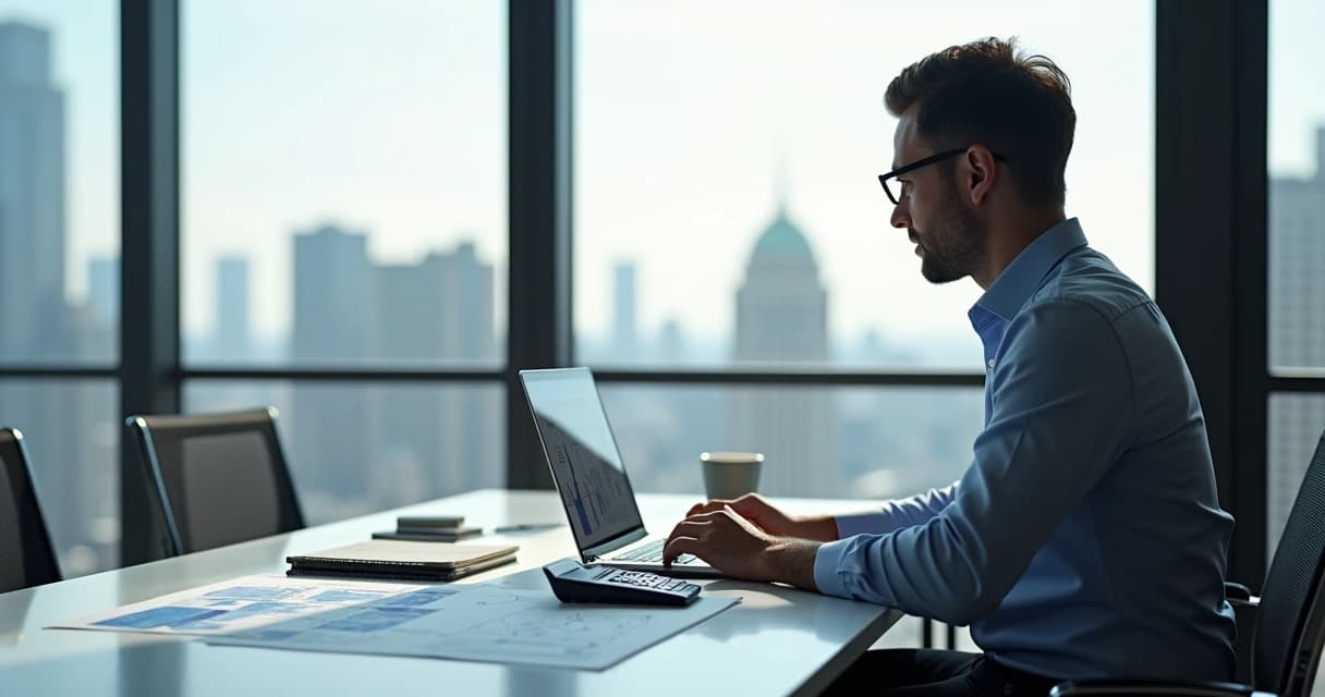 Engenheiro usando computador para analisar investimentos em ambiente moderno de escritório