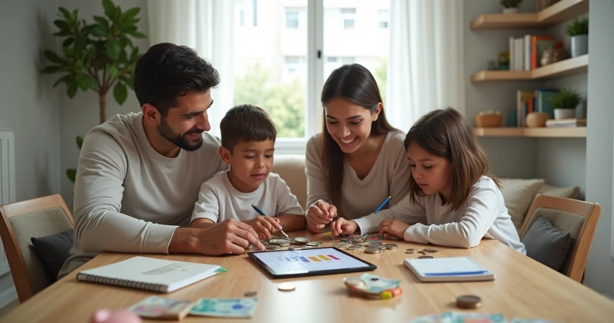 Pais e filhos sentados à mesa aprendendo juntos sobre dinheiro