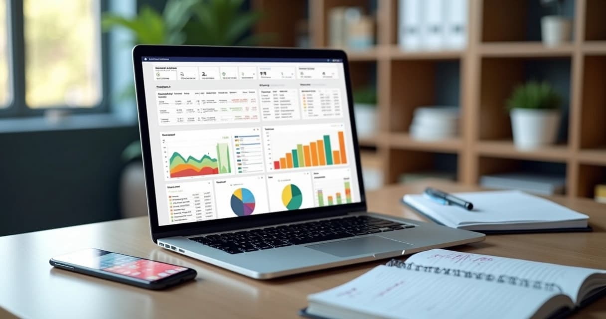 Mesa de escritório com laptop aberto em aplicativo de gestão financeira mostrando gráficos e tabelas, ao lado smartphone e cadernos com anotações