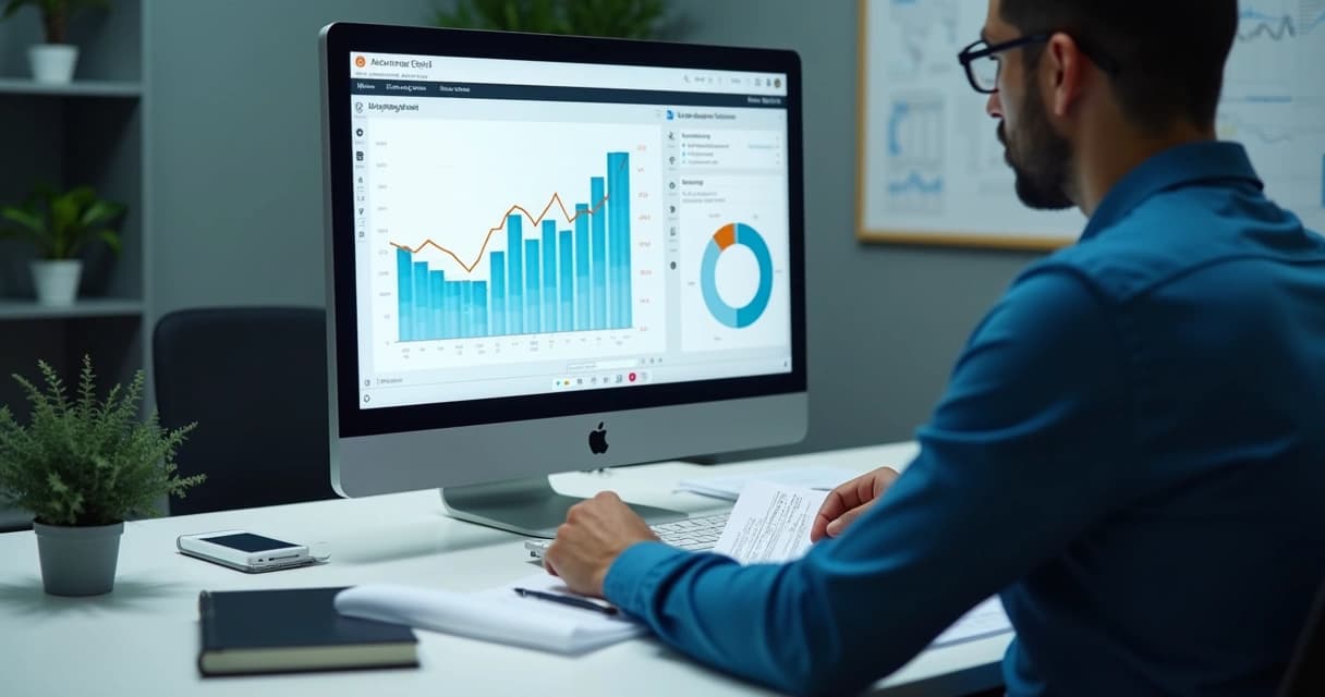 Empresário analisando gráficos financeiros em tela de computador com documentos de investimentos em renda fixa na mesa