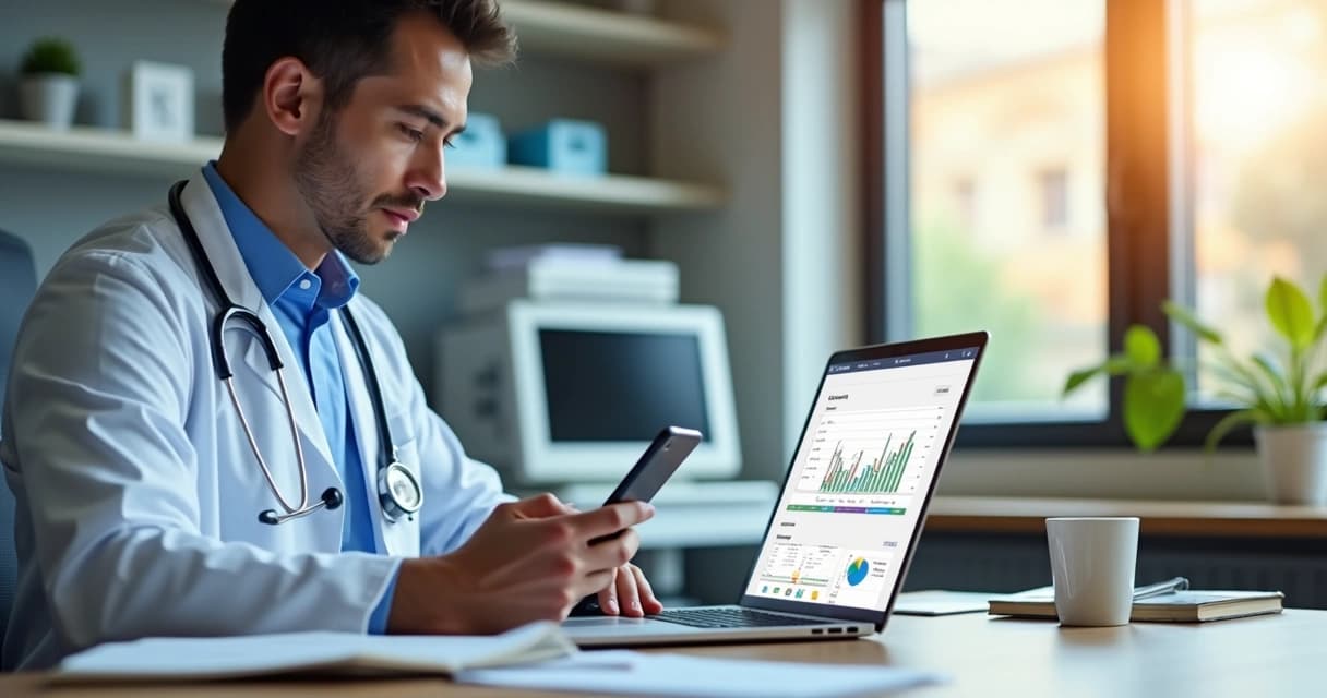 Médico usando laptop e smartphone para controle financeiro em ambiente de consultório moderno