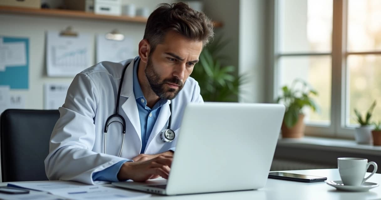 Médico analisando planilhas financeiras em escritório moderno com laptop e café