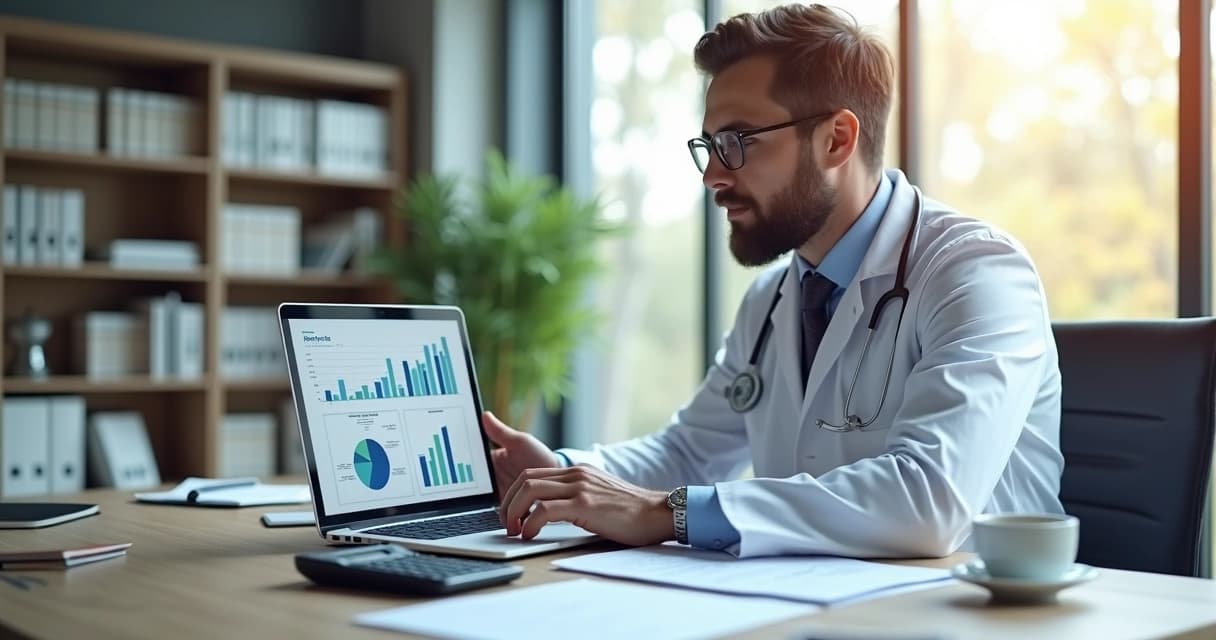 Médico sentado em mesa de escritório moderno analisando gráficos financeiros no laptop