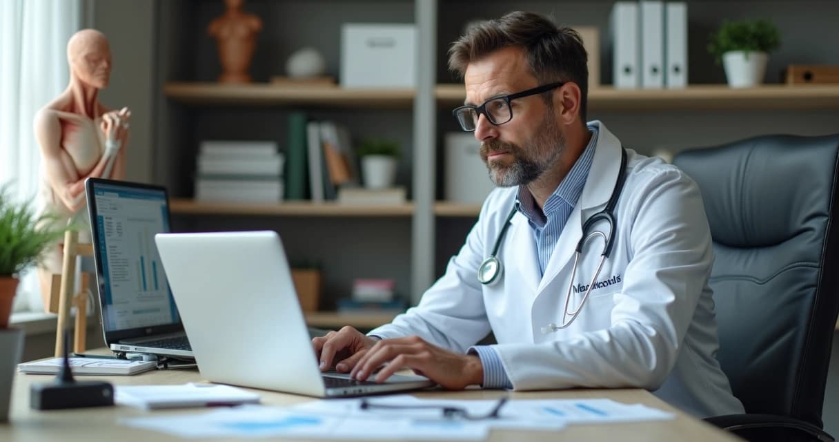 Médico em seu consultório analisando gráficos financeiros no computador para planejar aposentadoria