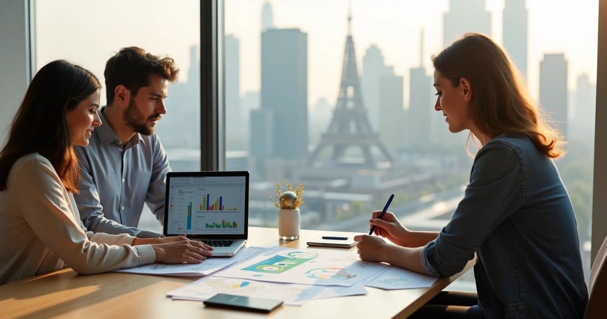 Casal analisando planejamento financeiro para mudança ao exterior com consultor