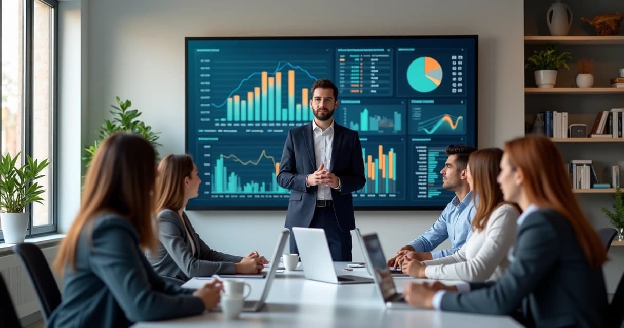Consultor financeiro apresentando gráficos para equipe de empresários em sala de reunião moderna
