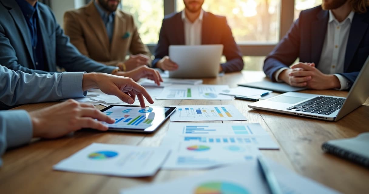 Reunião de pequenos empresários discutindo gráficos financeiros e planejamento em tablet e laptop