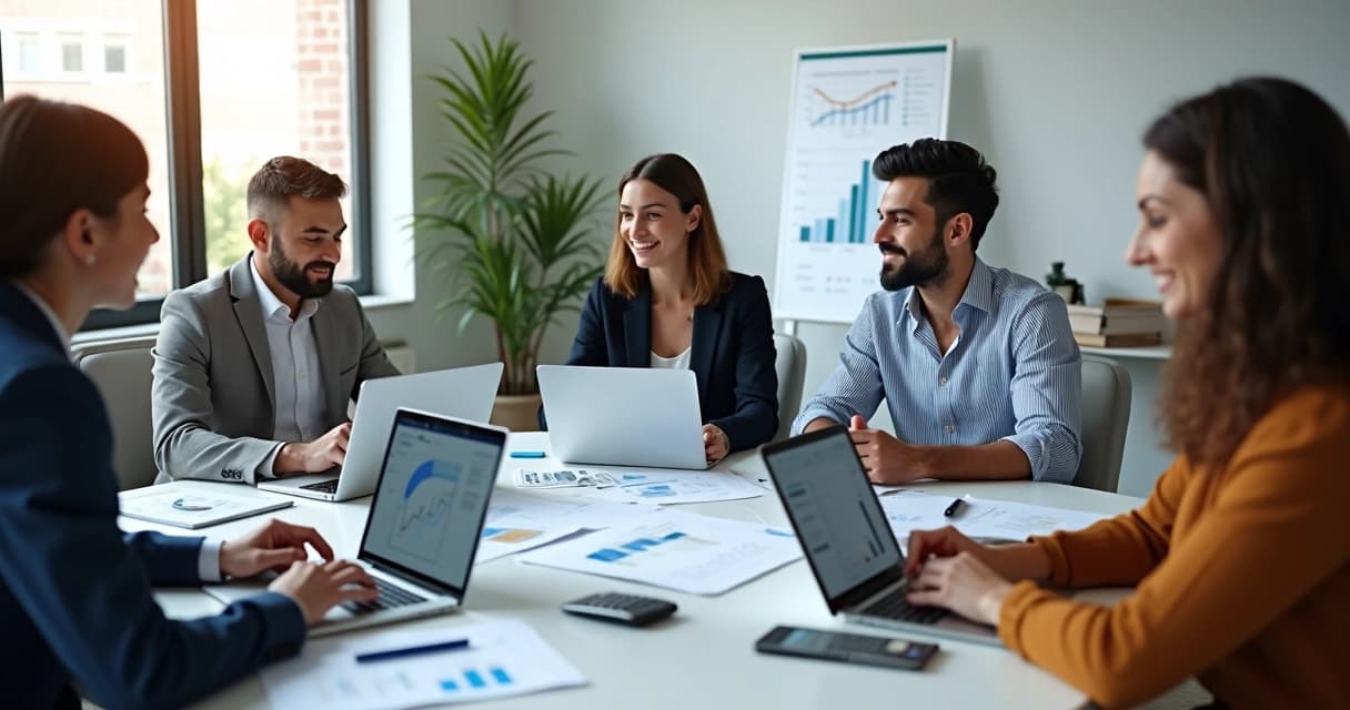 Empresários em reunião profissional com gráficos financeiros e laptops em mesa de escritório moderno